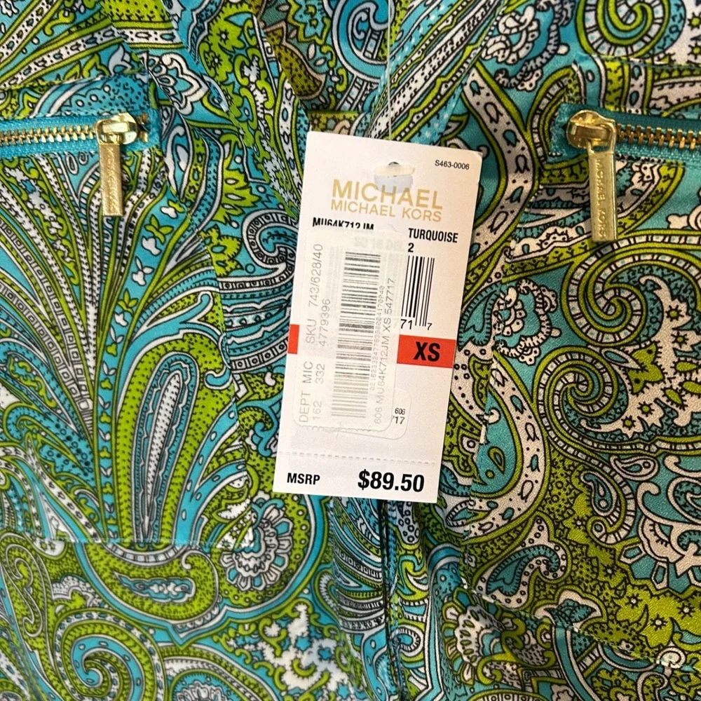 Michael Kors Turquoise Paisley‎ Print Roll Tab Sleeve Green Shirt XS MSRP $89